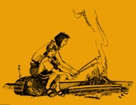 mother and son cooking over fire